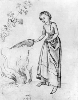 Молодая женщина, раздувающая огонь птичьим крылом, 1469