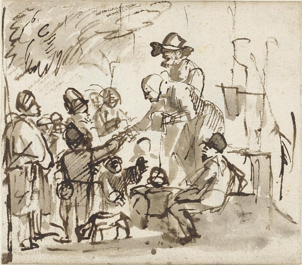 Пожилая пара, раздающая товары детям на открытом воздухе, 1645