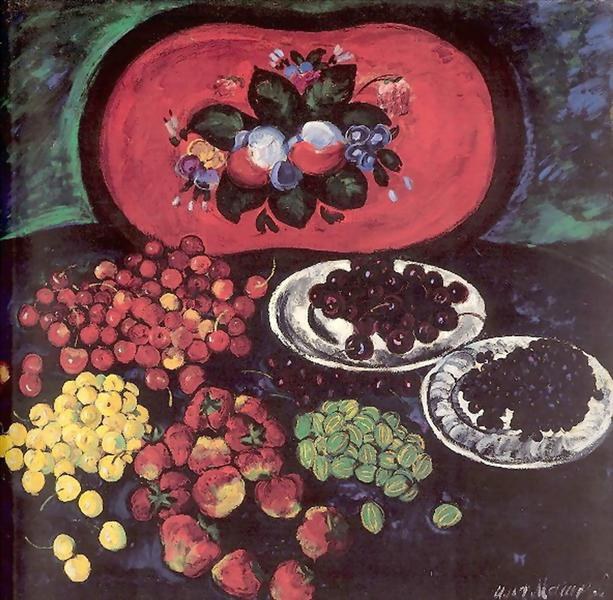 Ягоды на фоне красного подноса, 1908 - Илья Машков