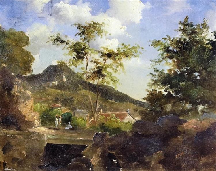 Деревня у подножия холма на острове Сент-Томас, Антильские острова, c.1854 - c.1855 - Камиль Писсарро