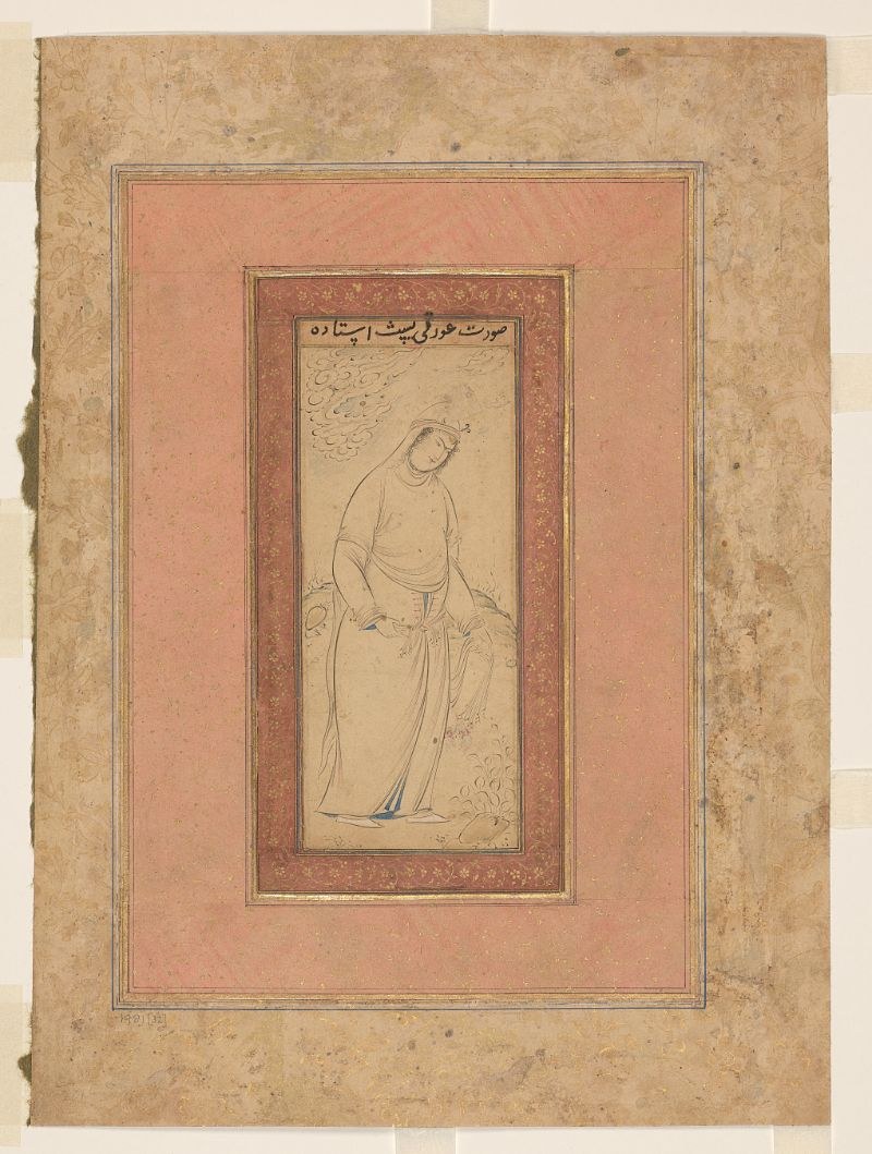 Женщина, стоящая на фоне пейзажа, приписываемая Резе Аббаси (ум. 1635).