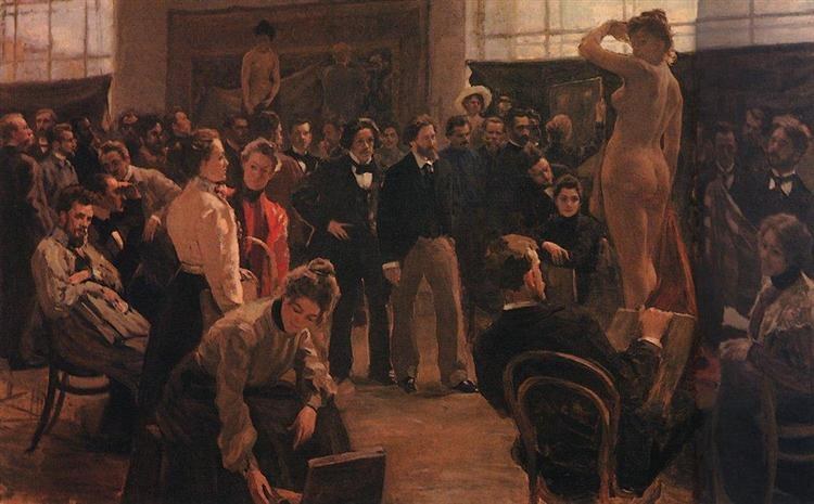Постановка модели в мастерской Академии художеств Ильи Репина, 1899 - Борис Кустодиев