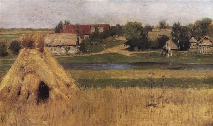 Снопы и деревня за рекой, c.1881