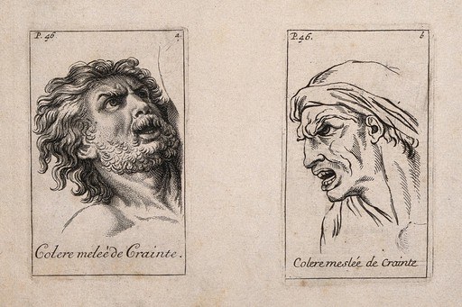 Два мужских лица выражали гнев, смешанный со страхом. Офорт Б. Пикара, 1713 г., по мотивам К. Лебрена.