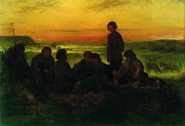 Крестьянские мальчики охраняют лошадей ночью, 1869 - Владимир Маковский