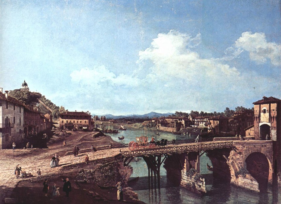 Вид на старый мост через реку По, Турин, 1745