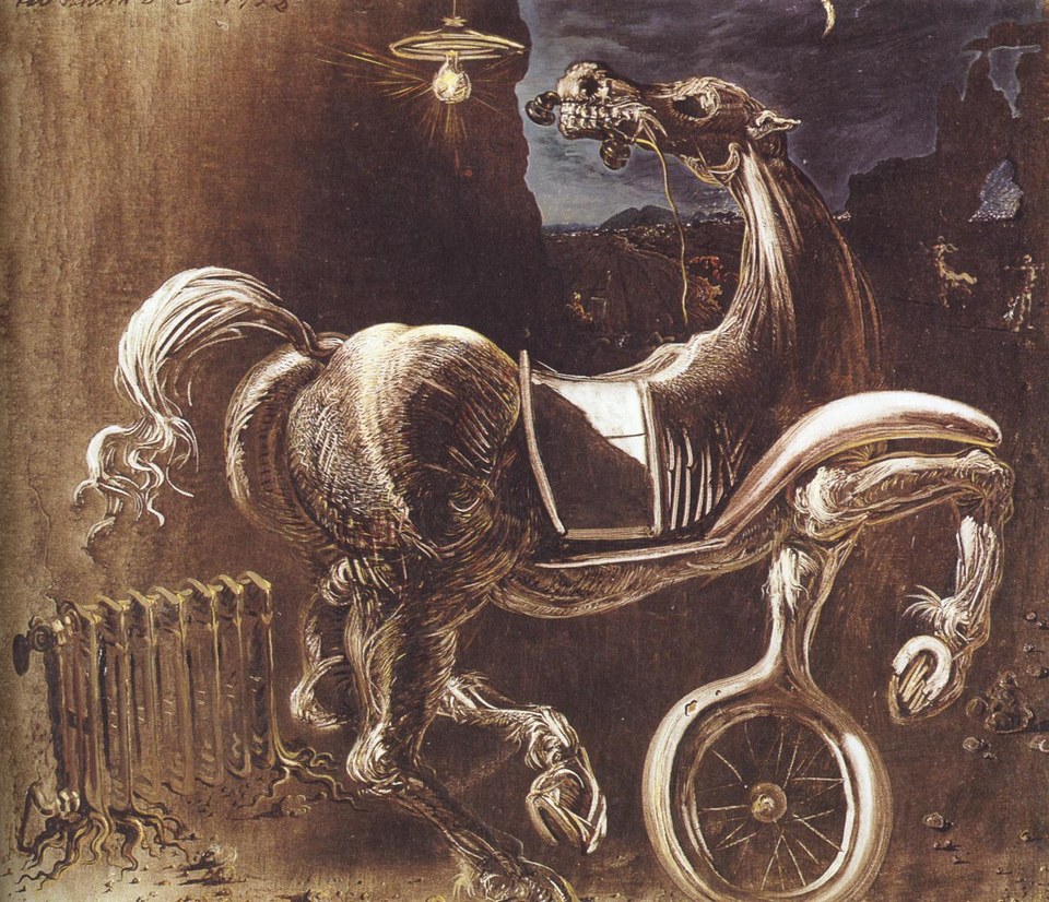 Обломки автомобиля, родившие слепую лошадь, кусающую телефон, 1938