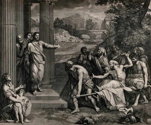 Христос исцеляет расслабленного. Офорт Б. Пикара по Жану Жувене, 1683 год.