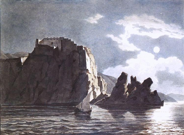 Скалы и луна ночью, 1824 - Карл Брюллов