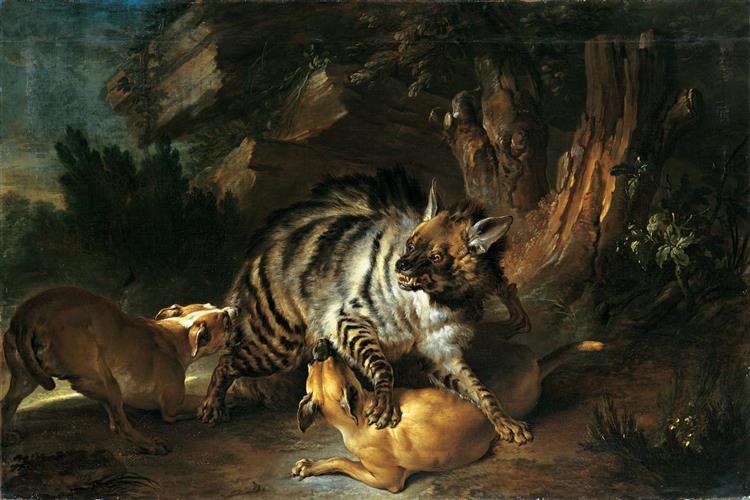 Гиена, атакованная двумя собаками, 1739