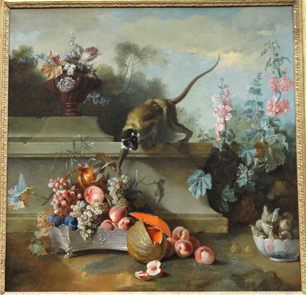 Натюрморт с обезьяной, фруктами и цветами, 1724