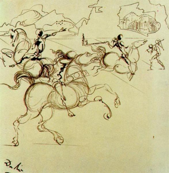 Сюрреалистические воины на четырехчастном экране, в центре слева, c.1934