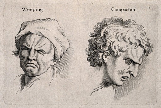 Плачущее лицо (слева) и лицо, выражающее сострадание (справа). Гравировка, гр. 1760, по мотивам К. Лебрена.