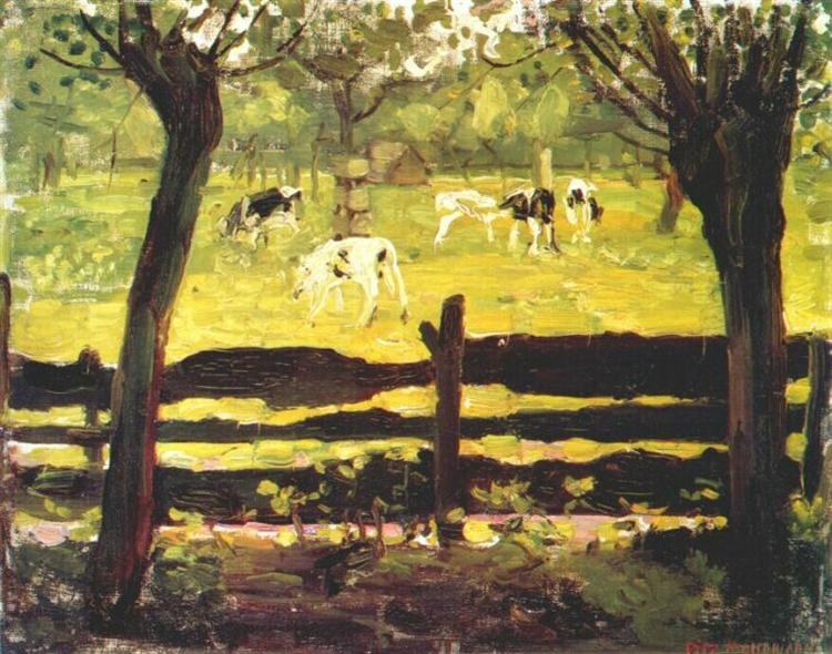 Телята на поле, окаймленном ивами, 1905