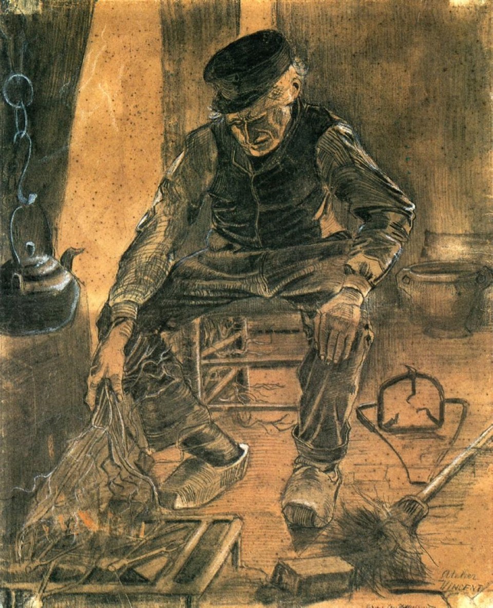 Старик кладет в очаг сухой рис, 1881